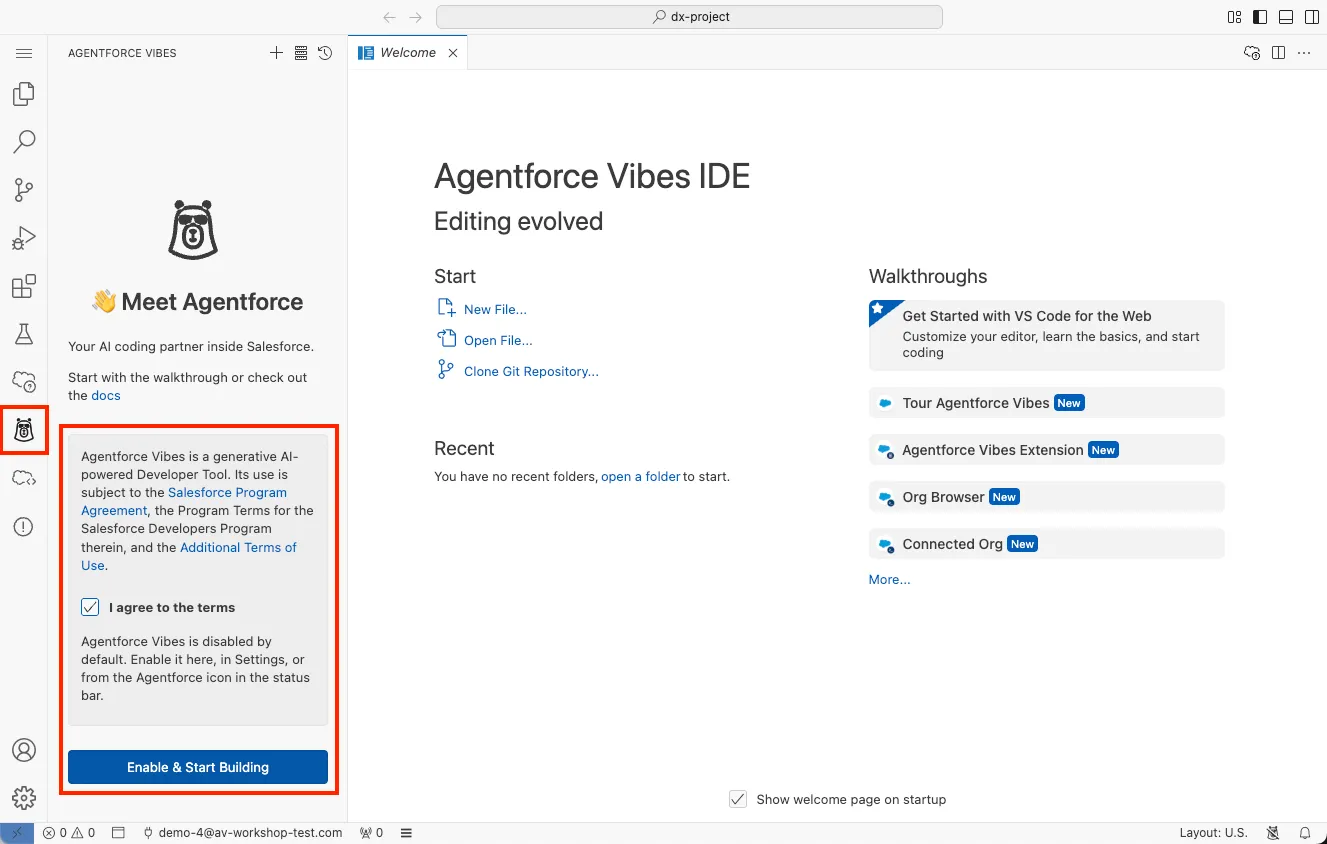 Screenshot showing a prompt to accept terms before enabling Agentforce Vibes