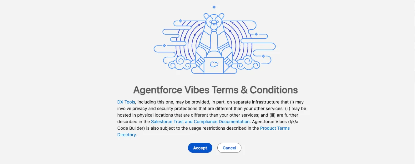 Screenshot showing the Agentforce Vibes terms and conditions