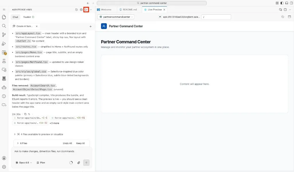 Screenshot showing the Preview button at the top of the Agentforce Vibes extension