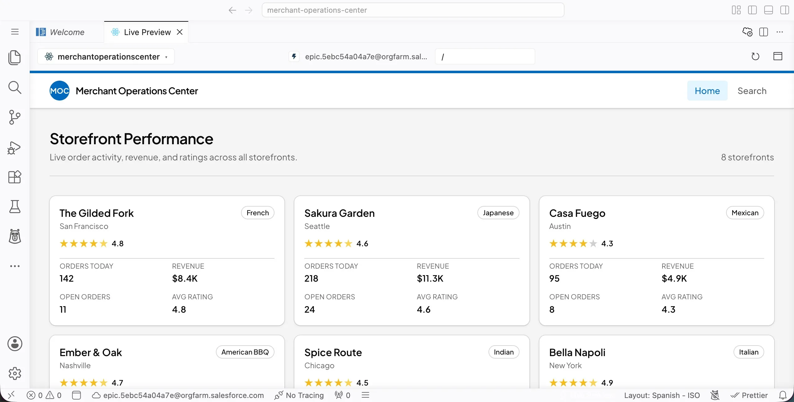 Screenshot showing Merchant Operations Center with mock storefront performance cards